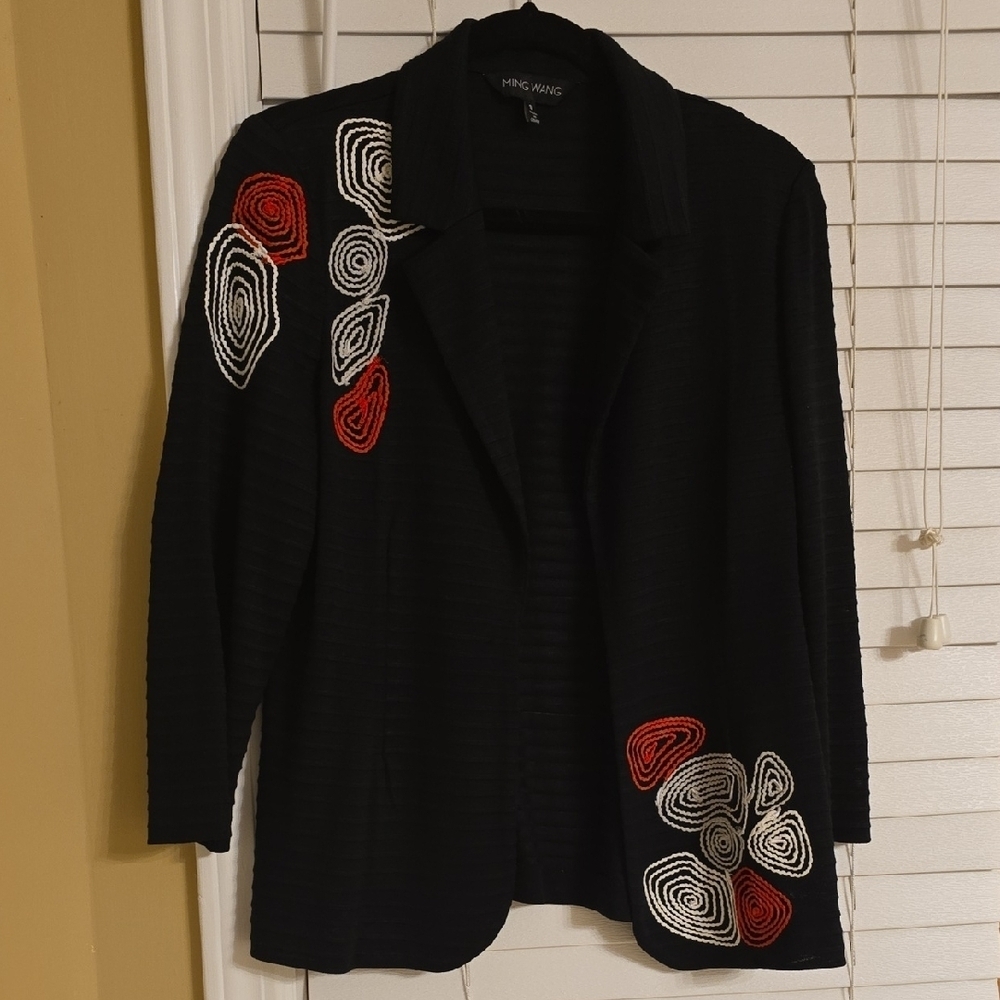 Ming Wang Black and Red Blazer with Decorative Patterns